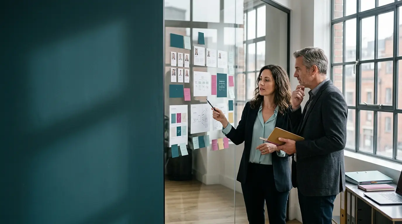 Illustrative professionals reviewing company information at a planning wall