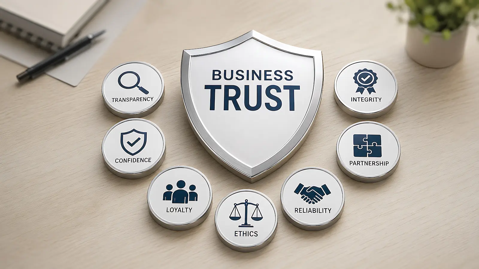 Business trust illustration with transparency, integrity, reliability and partnership