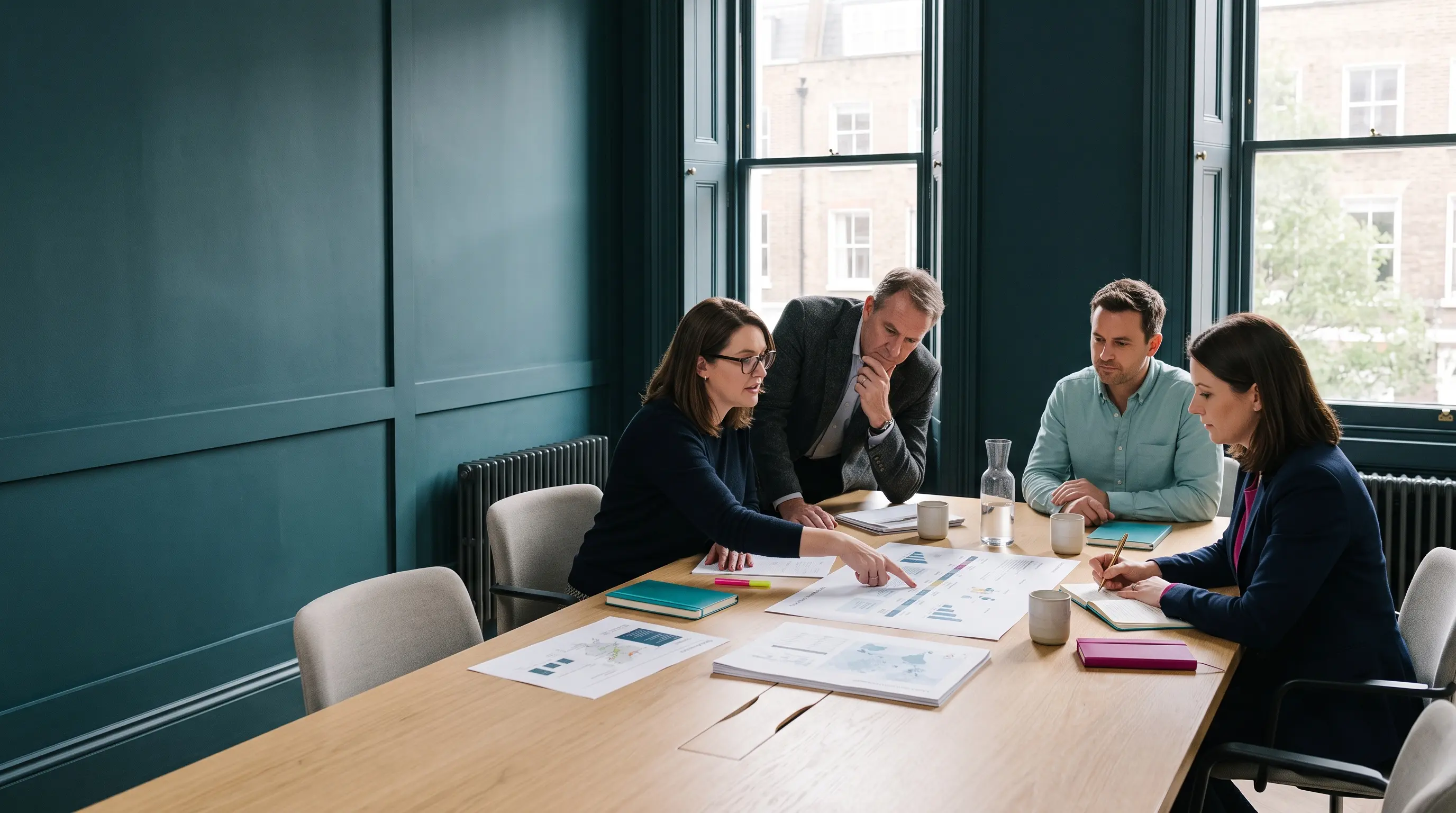 An illustrative business team reviewing company evidence